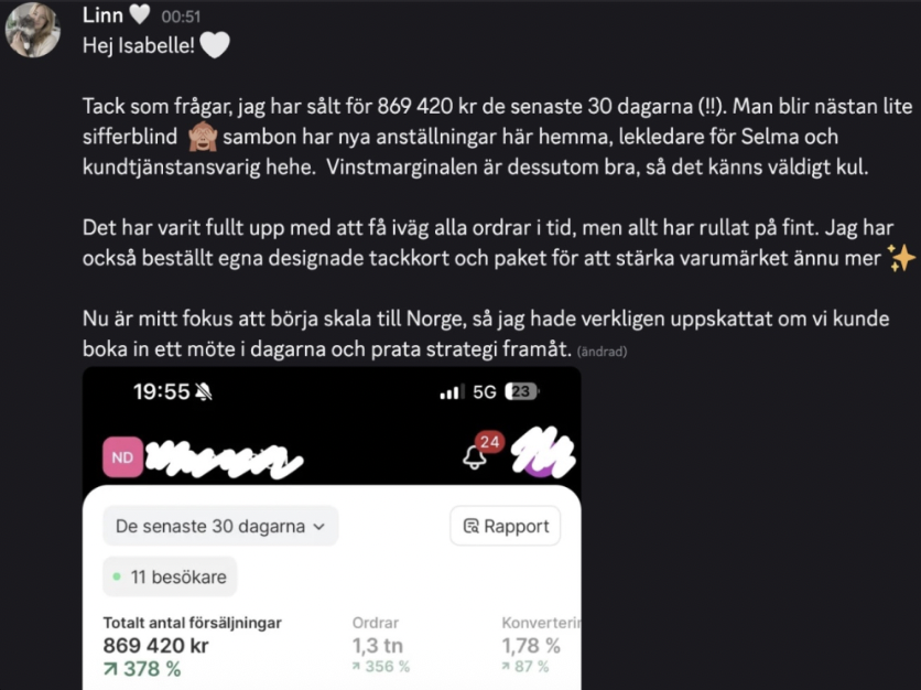 Skärmbild av Linns försäljning